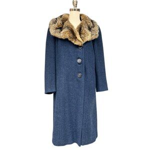Vintage 1960s Shagmoor Blue Wool Coat with Fox Fur Collar Size 10/12  Winter